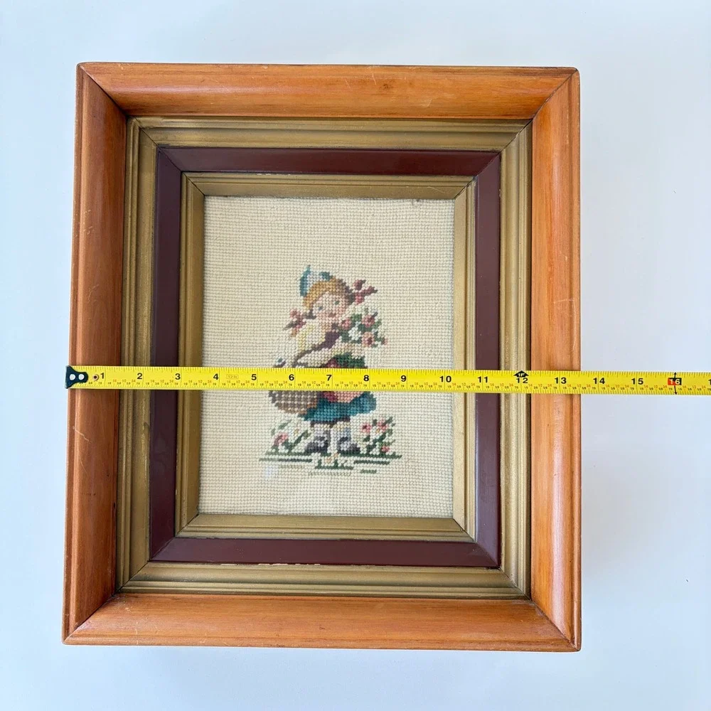 Vintage 1964 Hummel Style Needlepoint Framed Art Girl with Basket Wood Frame